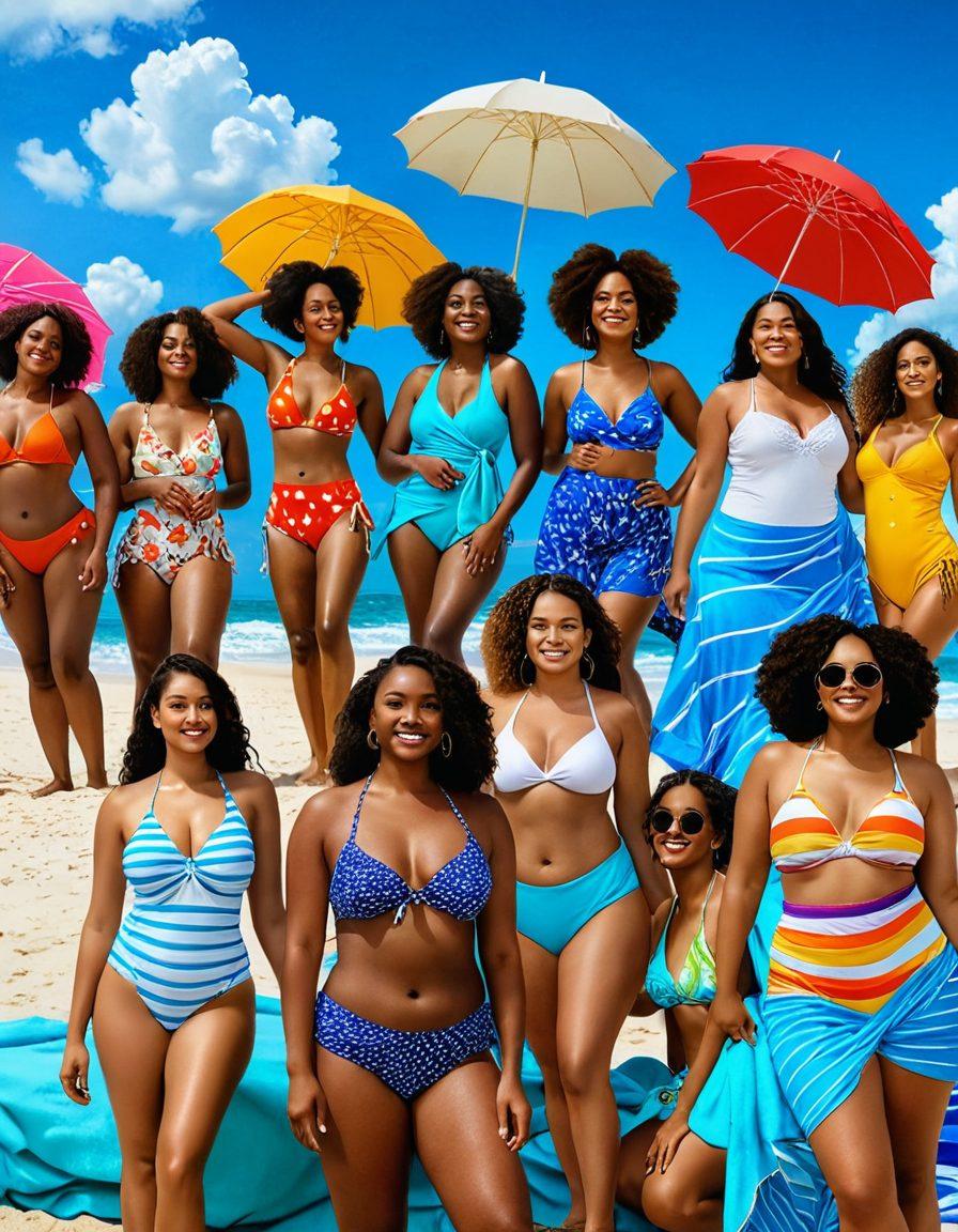 A vibrant beach scene showcasing diverse women of various body shapes joyfully wearing stylish swimsuits, basking in the sun. The women are posing confidently on the sandy shoreline with waves gently lapping at their feet. Bright beach umbrellas and colorful towels surround them, enhancing the atmosphere of body positivity and fun. The vibrant blue sky is dotted with fluffy white clouds. super-realistic. vibrant colors. tropical vibes.