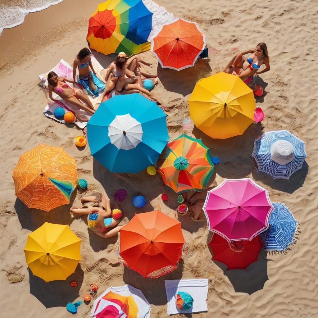 A vibrant summer beach scene showcasing a diverse group of individuals confidently wearing stylish bikinis and colorful LGBTQ+ beachwear. The sun shines brightly overhead, with beach umbrellas and a ocean backdrop. Include elements like beach balls, sun hats, and tropical drinks to enhance the fun atmosphere. Capture the spirit of body positivity and inclusivity in the imagery. super-realistic. vibrant colors. 3D.