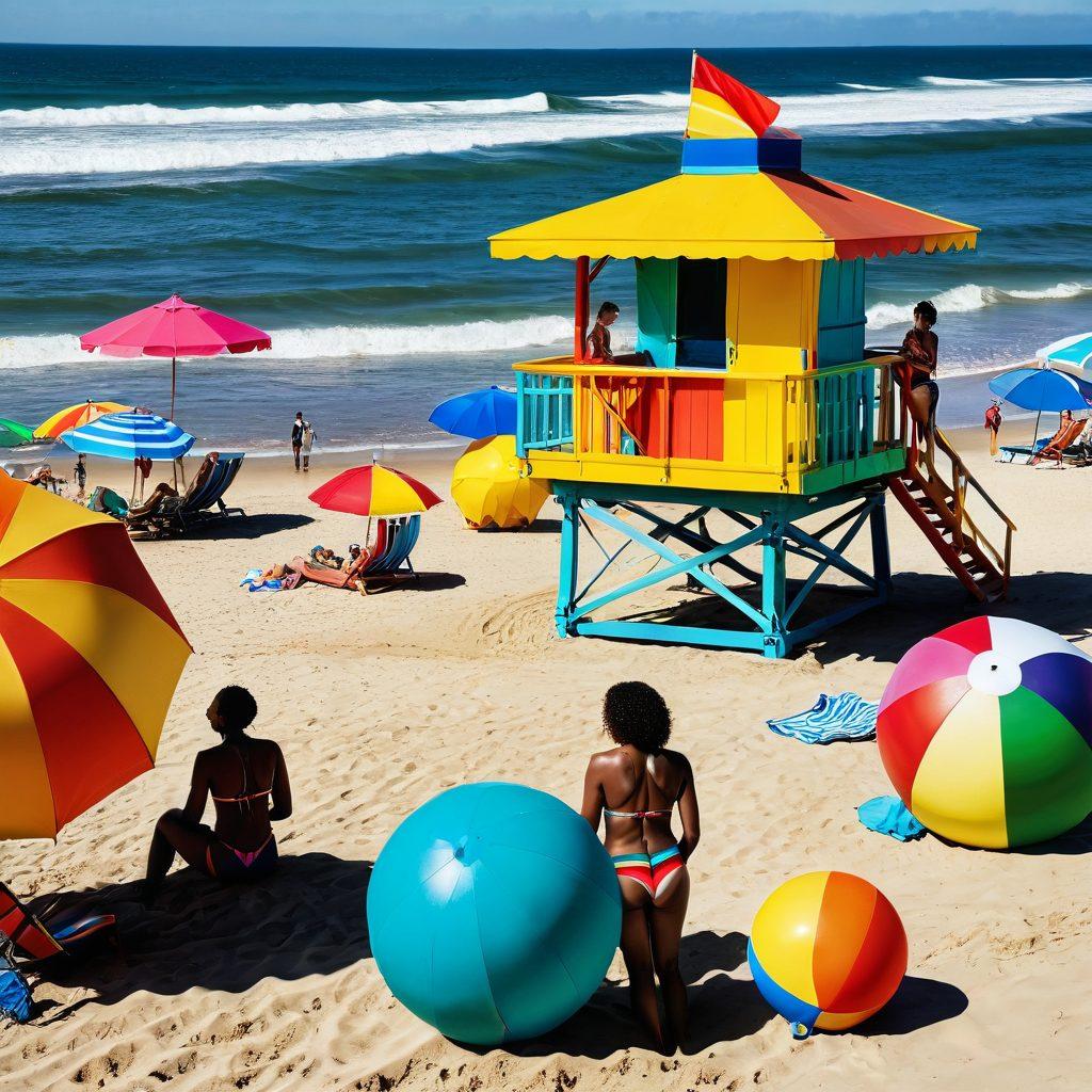 A vibrant beach scene featuring diverse LGBTQ+ individuals proudly showcasing colorful swimwear and beach attire. Incorporate a rainbow lifeguard tower and playful beach accessories like beach balls and umbrellas, emphasizing inclusivity and joy. The atmosphere is filled with laughter and a sense of community, with sunlight and splashes of water highlighting the fun. Beachgoers of various body types and backgrounds are enjoying the sun, showcasing the latest swim trends. super-realistic. vibrant colors. summer vibes.